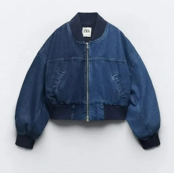 ZARA The Contrast Denim Bomber Jacket - Picture 1 of 13